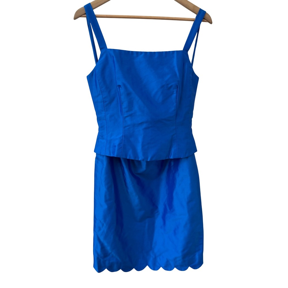 Marisa Baratelli Skirt Set 4 Blue Thai Silk Peplum Scalloped Hem 2 Piece Cocktai
